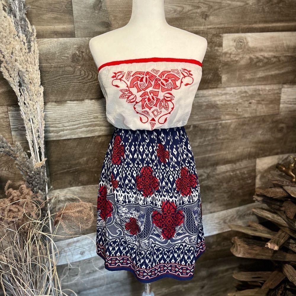 Dina Be strapless red and navy fit and flare floral dress - M